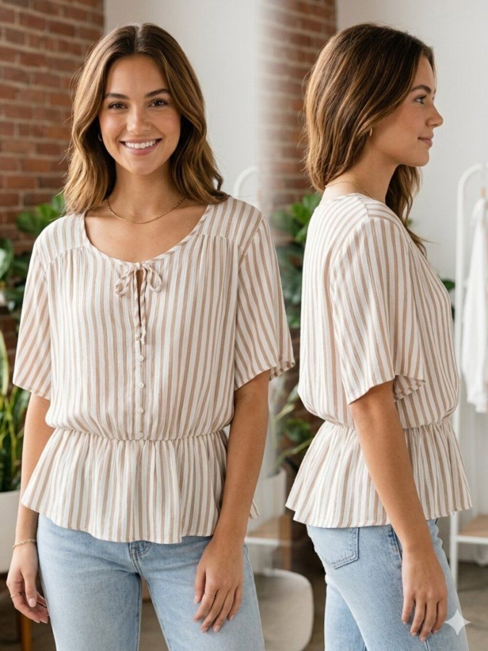 Abercrombie & Fitch Women's White & Tan Striped Peplum Blouse Size XL Fits Large
